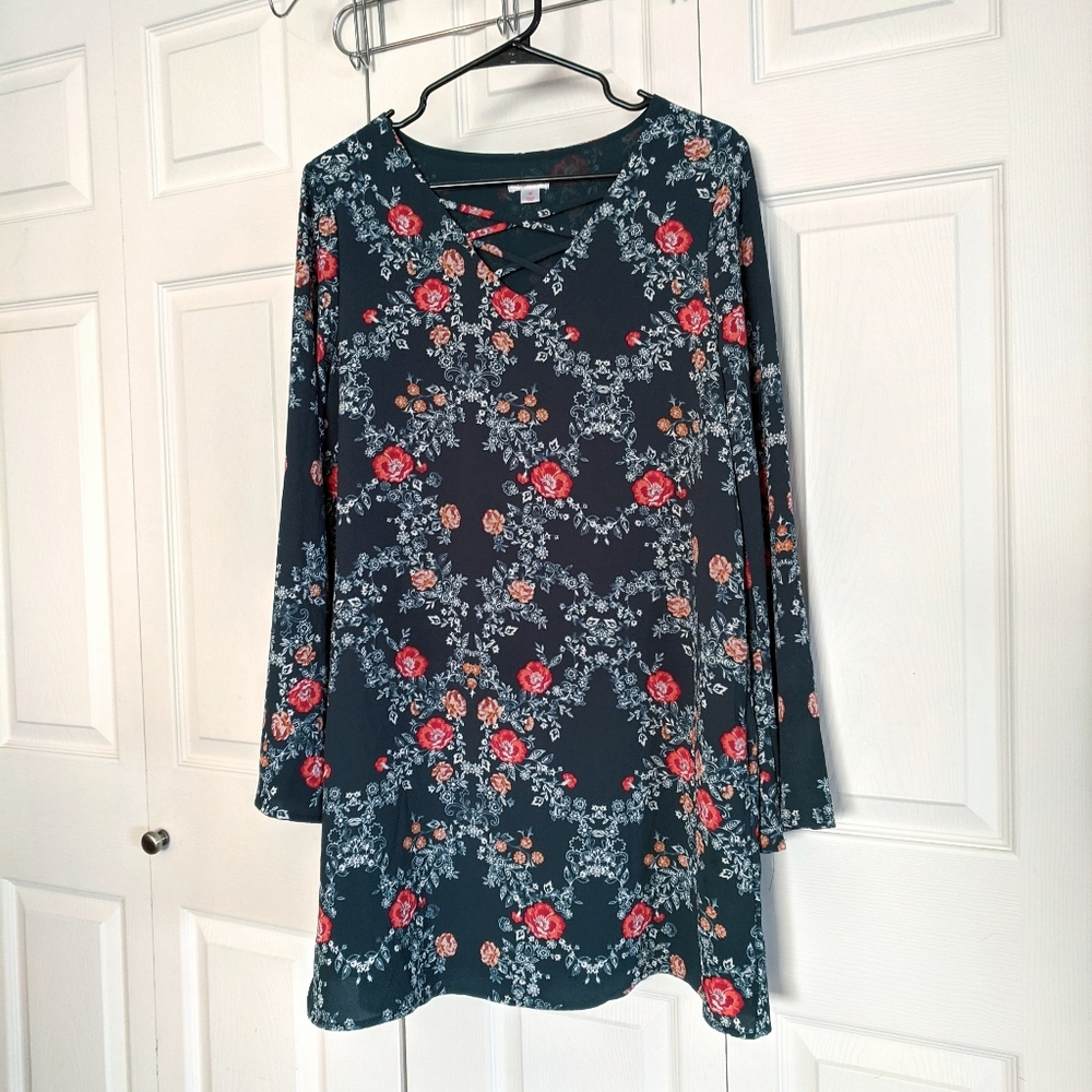 Women's Size Medium Xhilaration Emerald Green Floral Spring Long Sleeve Dress